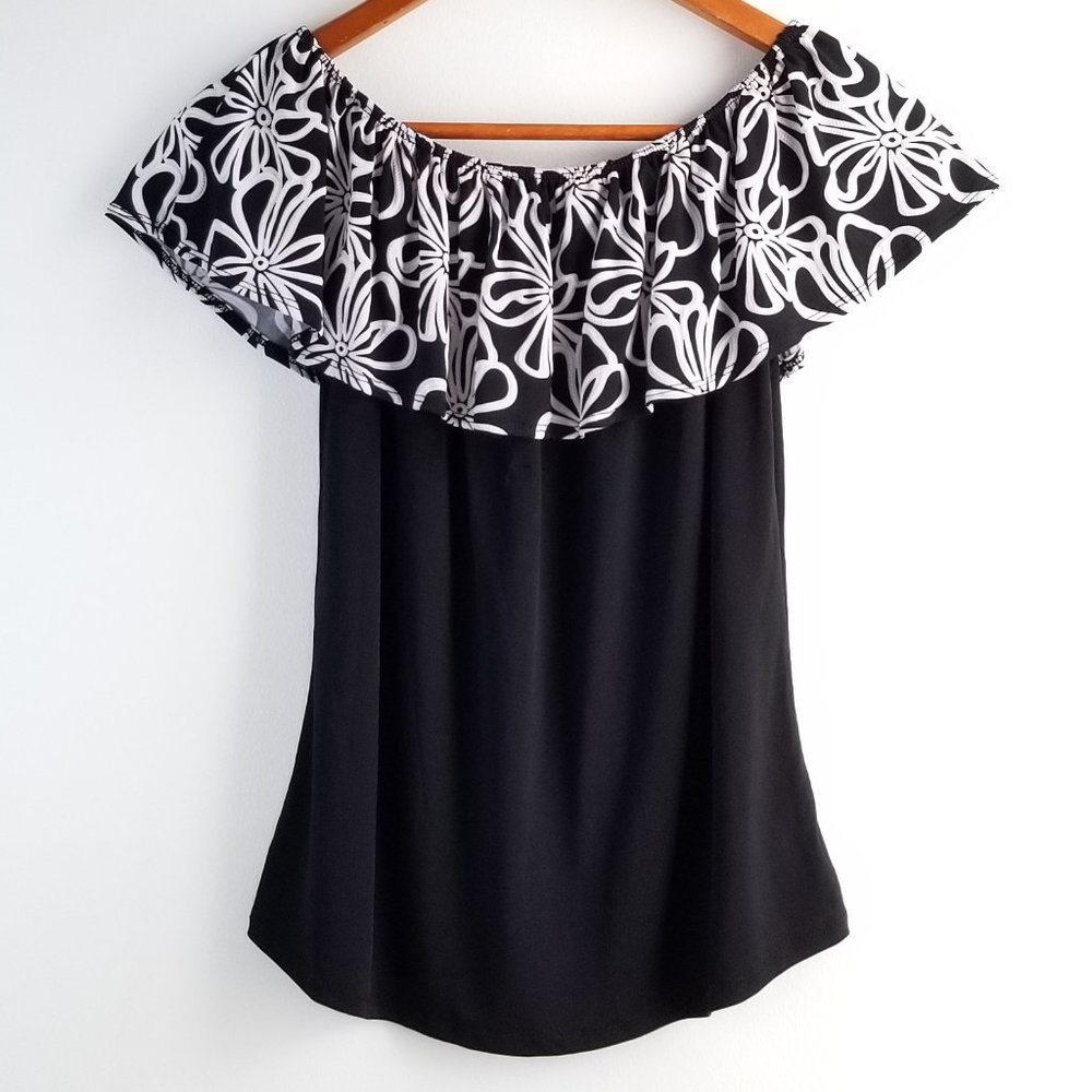 Jacquard Off Shoulder Embroidered Ruffle Crepe Jersey Knit Floral